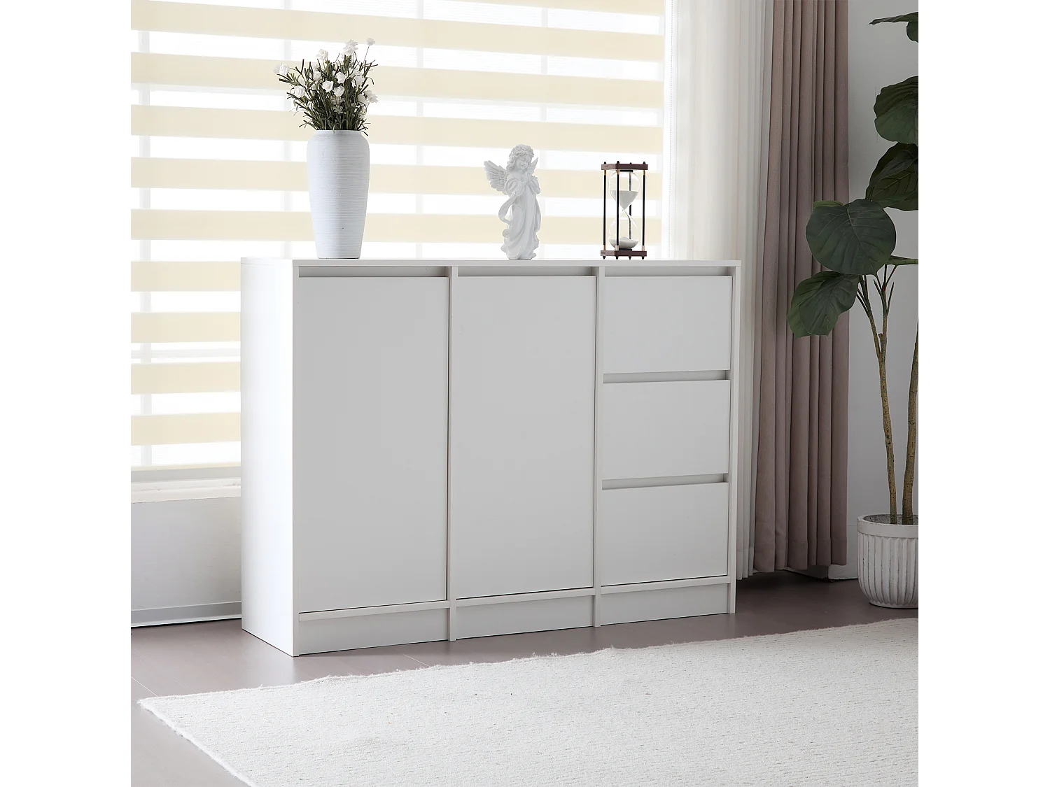 Buffet moderne avec 3 tiroirs et 2 portes - 120 x 35 x 90 cm - Panneau de particules - Blanc