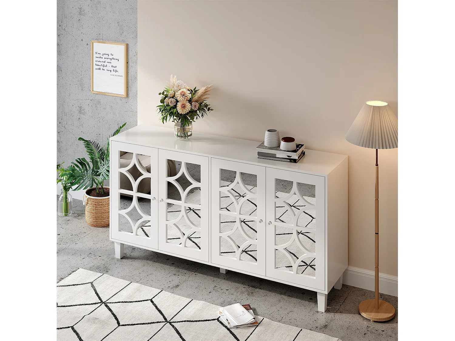 Komoda z 4 drzwiami z lustrzaną powierzchnią - 160 x 40 x 85 cm - uchwyty z drewna MDF i kryształu - biała