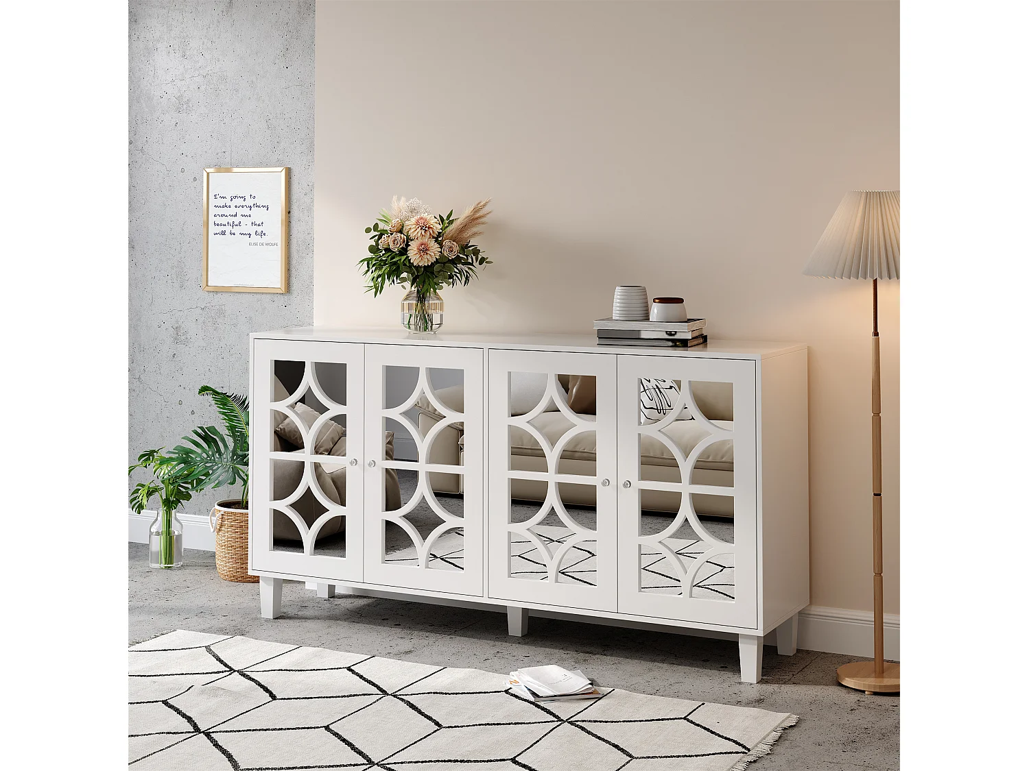 Komoda z 4 drzwiami z lustrzaną powierzchnią - 160 x 40 x 85 cm - uchwyty z drewna MDF i kryształu - biała