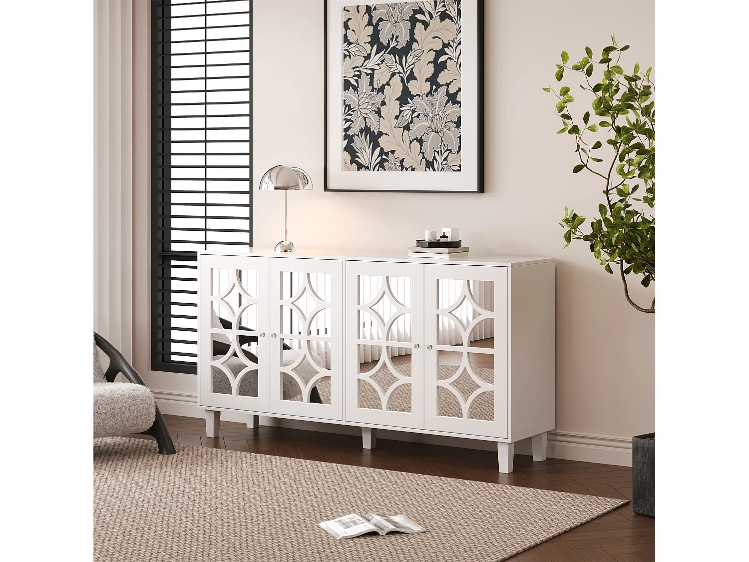 Komoda z 4 drzwiami z lustrzaną powierzchnią - 160 x 40 x 85 cm - uchwyty z drewna MDF i kryształu - biała