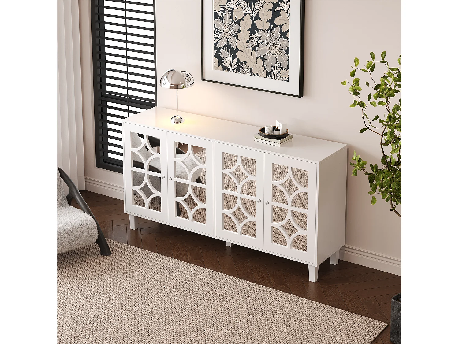 Komoda z 4 drzwiami z lustrzaną powierzchnią - 160 x 40 x 85 cm - uchwyty z drewna MDF i kryształu - biała