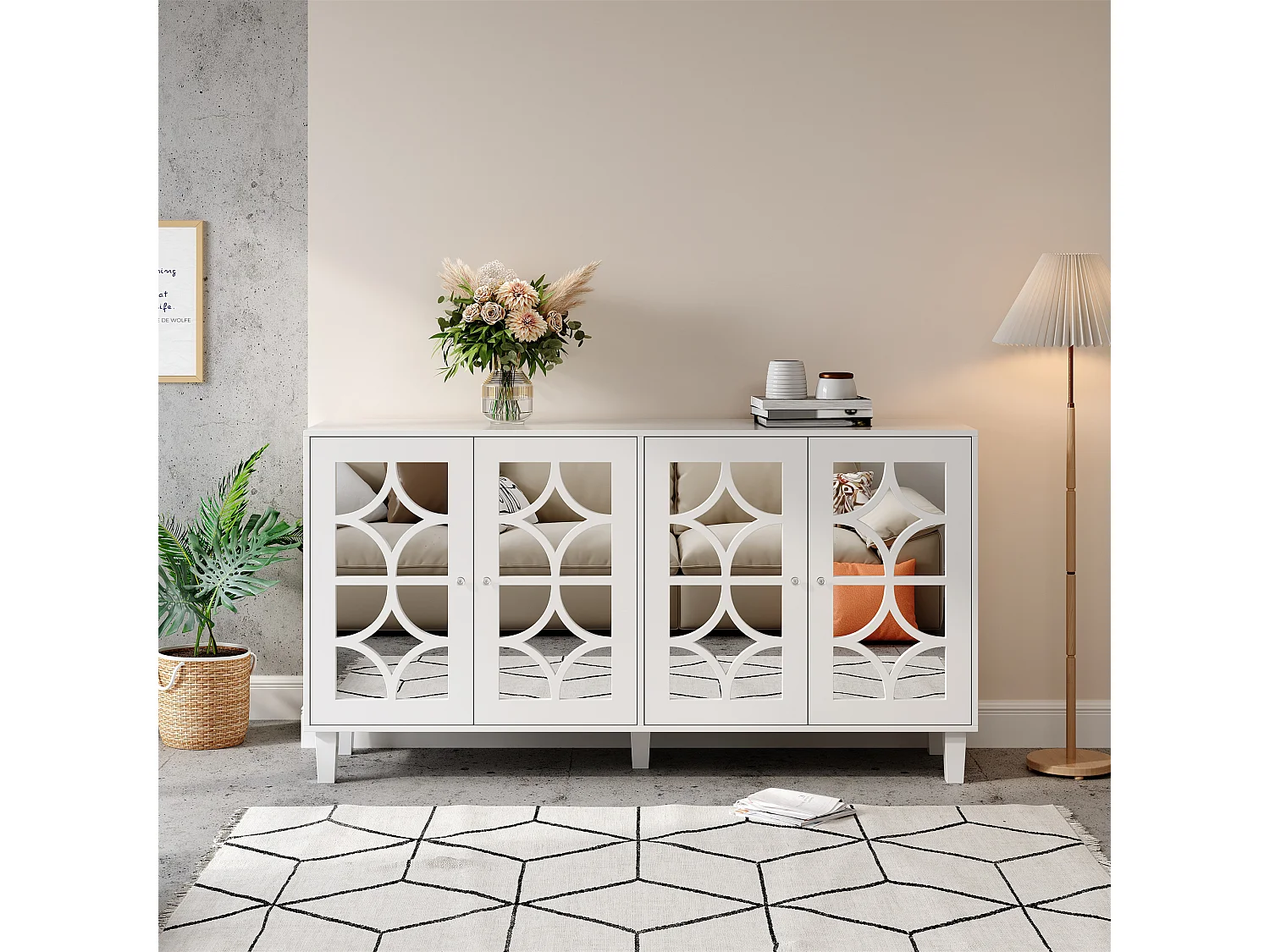 Komoda z 4 drzwiami z lustrzaną powierzchnią - 160 x 40 x 85 cm - uchwyty z drewna MDF i kryształu - biała