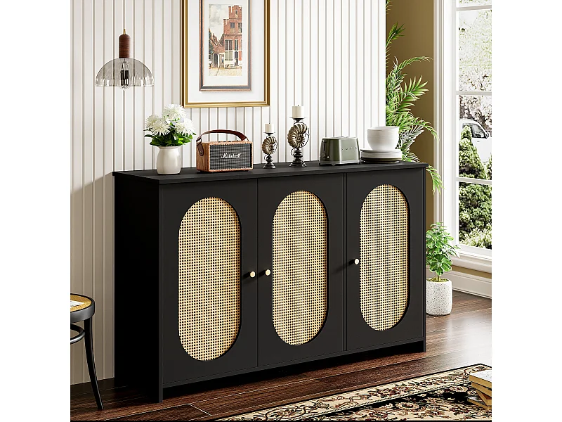 Buffet moderne avec 3 portes en imitation rotin - 125 x 38 x 78 cm - Bois MDF - Noir