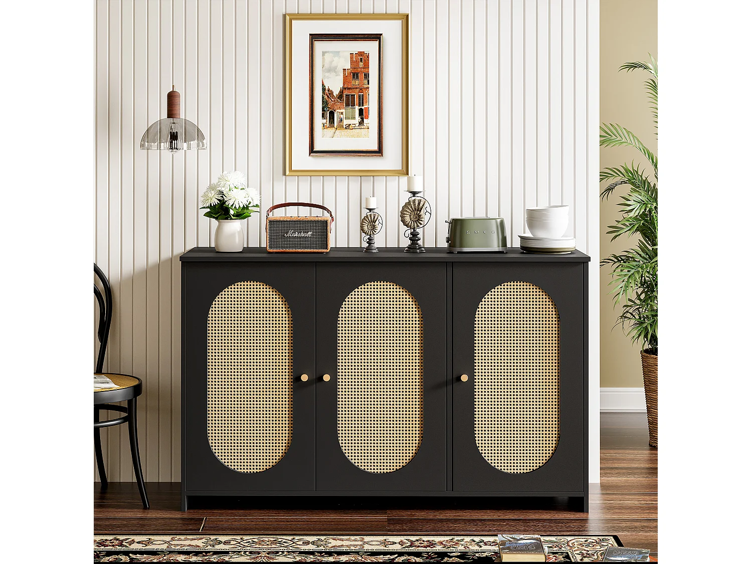 Buffet moderne avec 3 portes en imitation rotin - 125 x 38 x 78 cm - Bois MDF - Noir