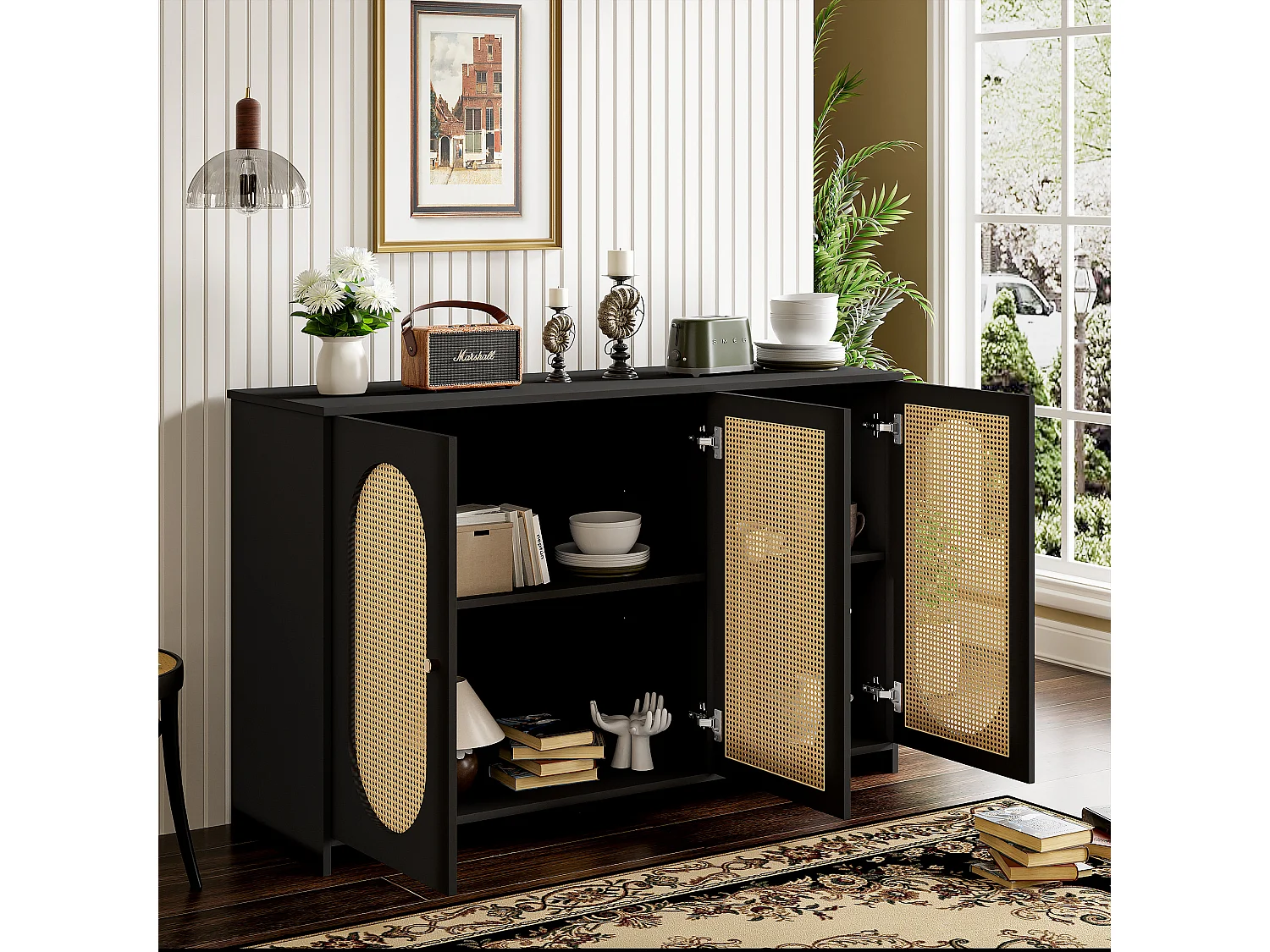 Buffet moderne avec 3 portes en imitation rotin - 125 x 38 x 78 cm - Bois MDF - Noir