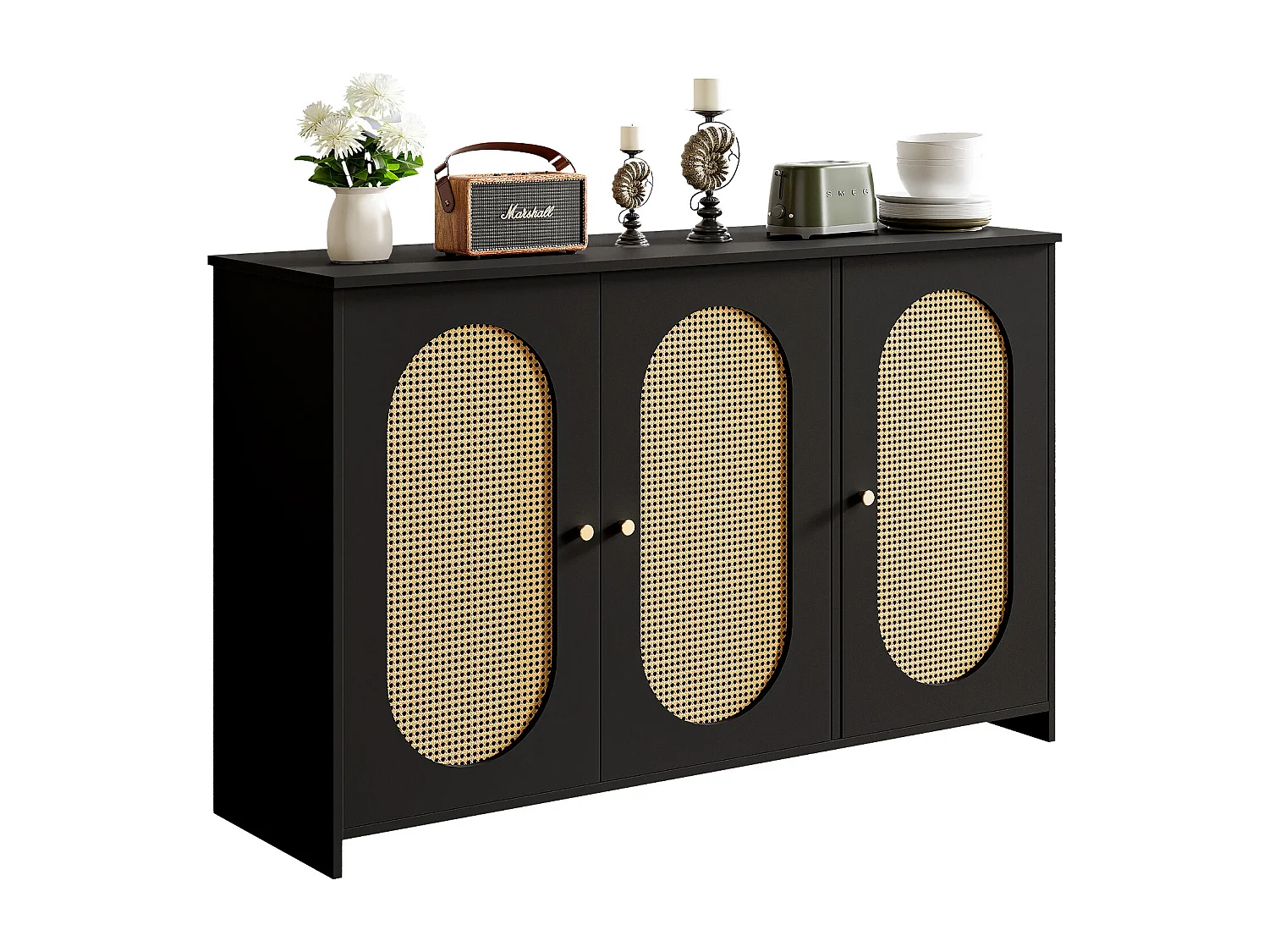 Buffet moderne avec 3 portes en imitation rotin - 125 x 38 x 78 cm - Bois MDF - Noir