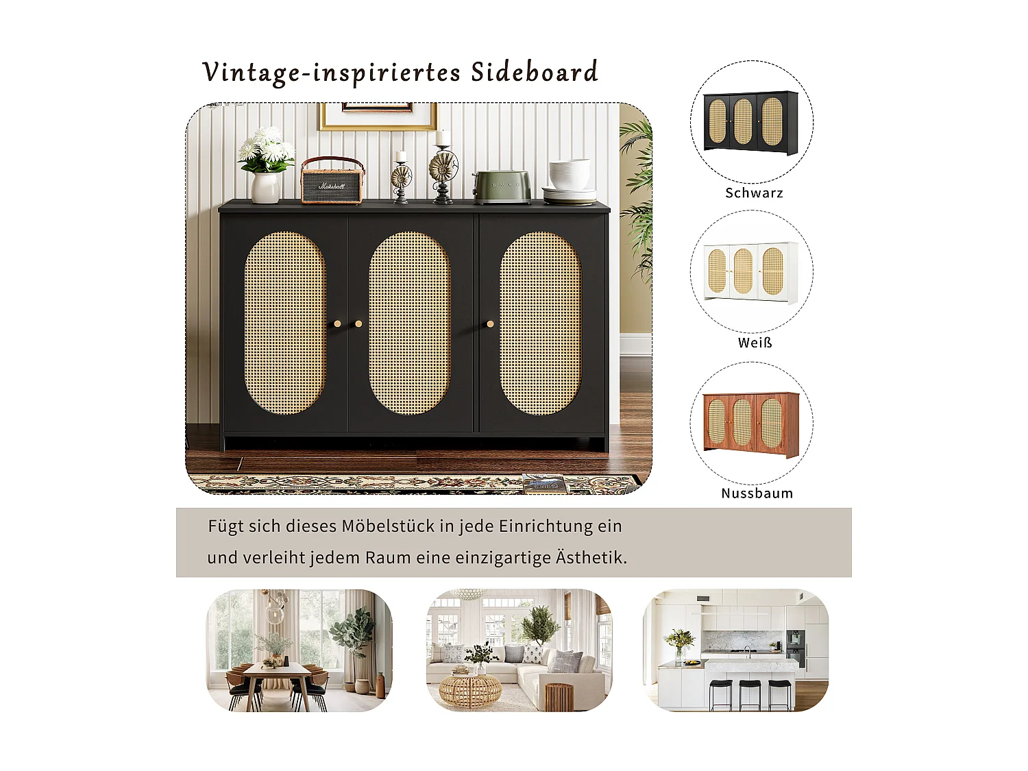 Buffet moderne avec 3 portes en imitation rotin - 125 x 38 x 78 cm - Bois MDF - Noir