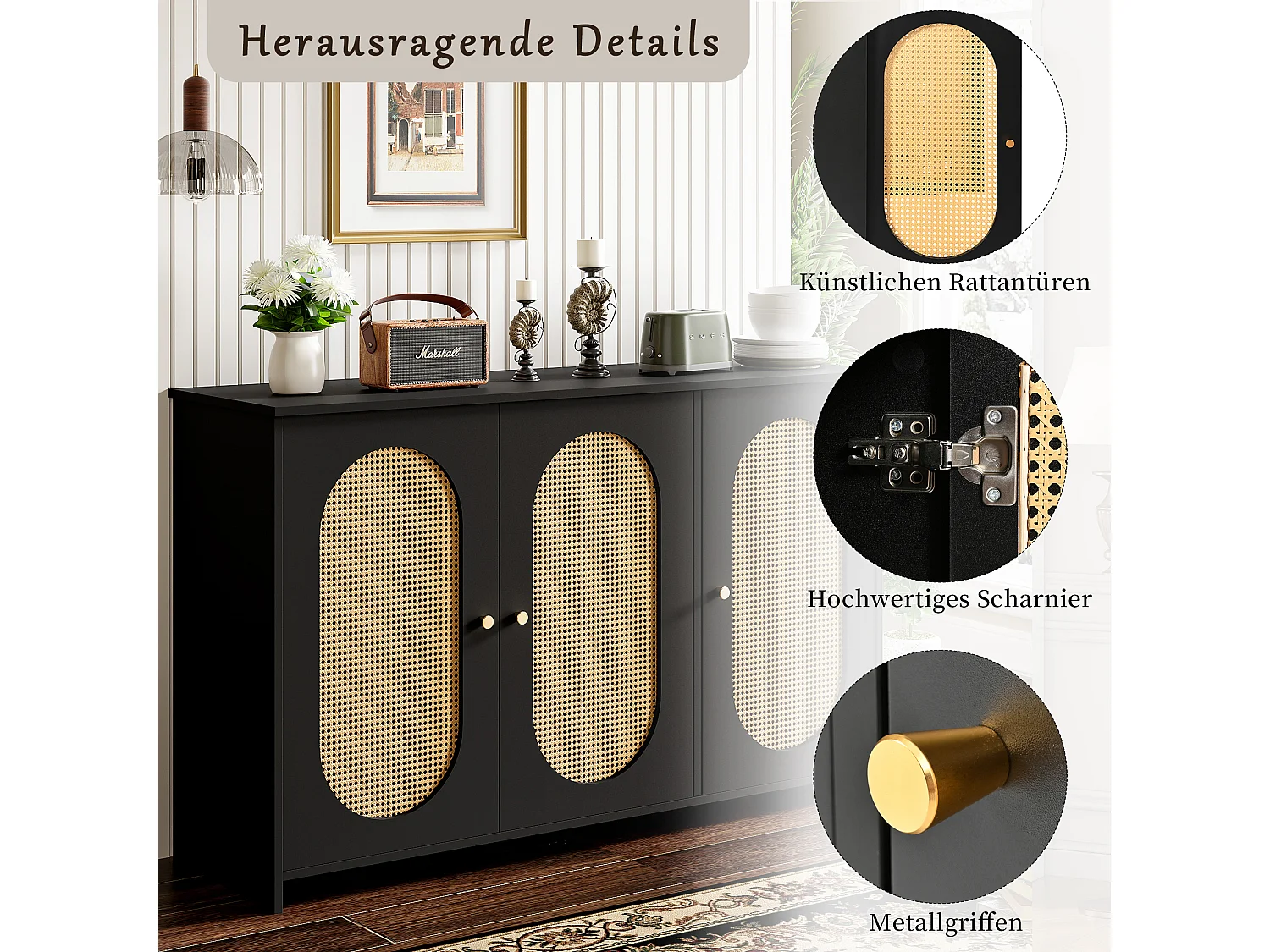 Buffet moderne avec 3 portes en imitation rotin - 125 x 38 x 78 cm - Bois MDF - Noir