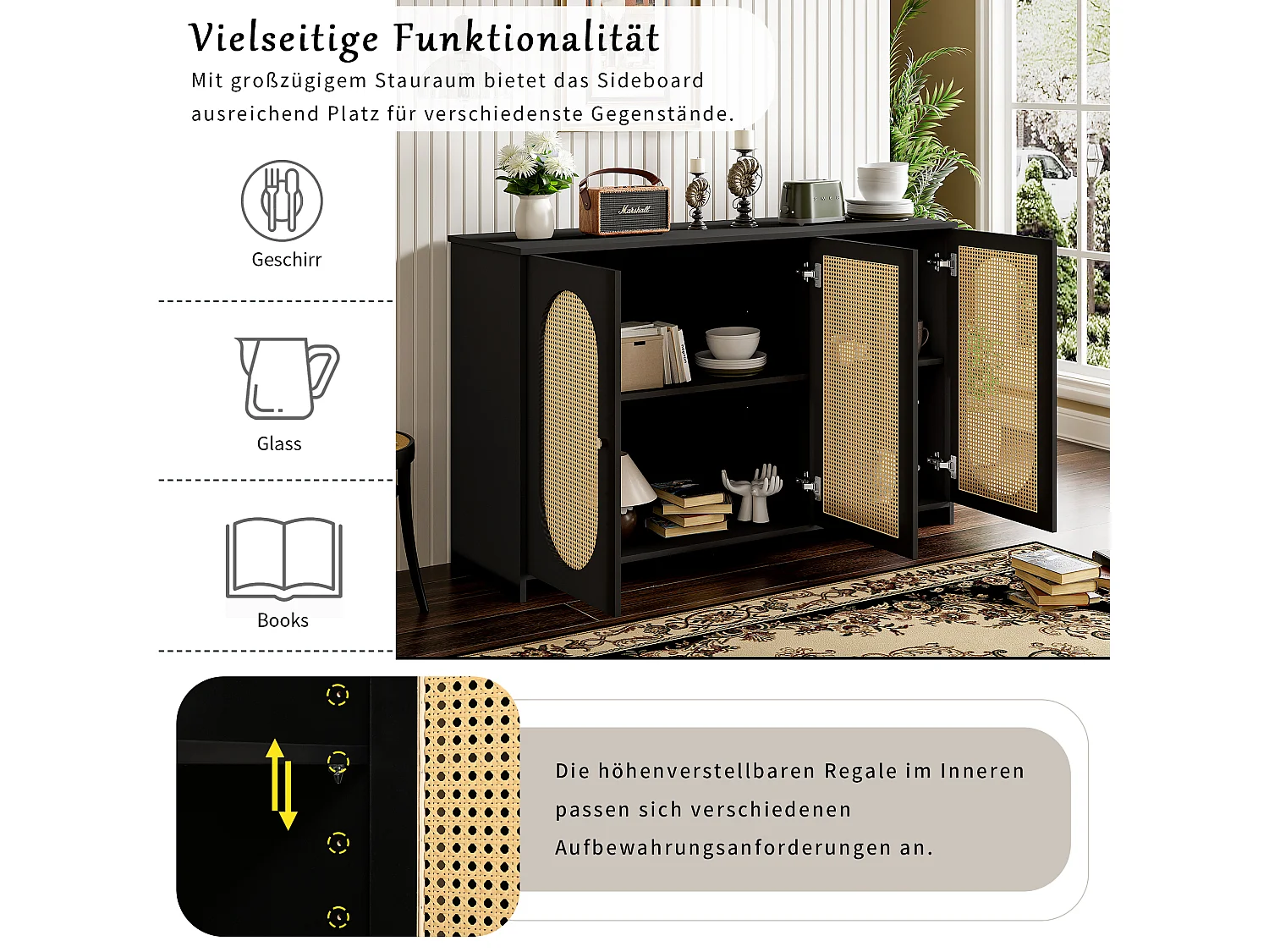 Buffet moderne avec 3 portes en imitation rotin - 125 x 38 x 78 cm - Bois MDF - Noir