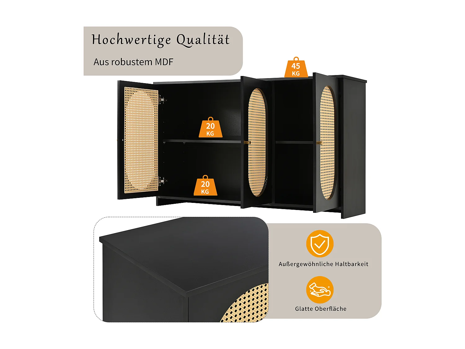 Buffet moderne avec 3 portes en imitation rotin - 125 x 38 x 78 cm - Bois MDF - Noir