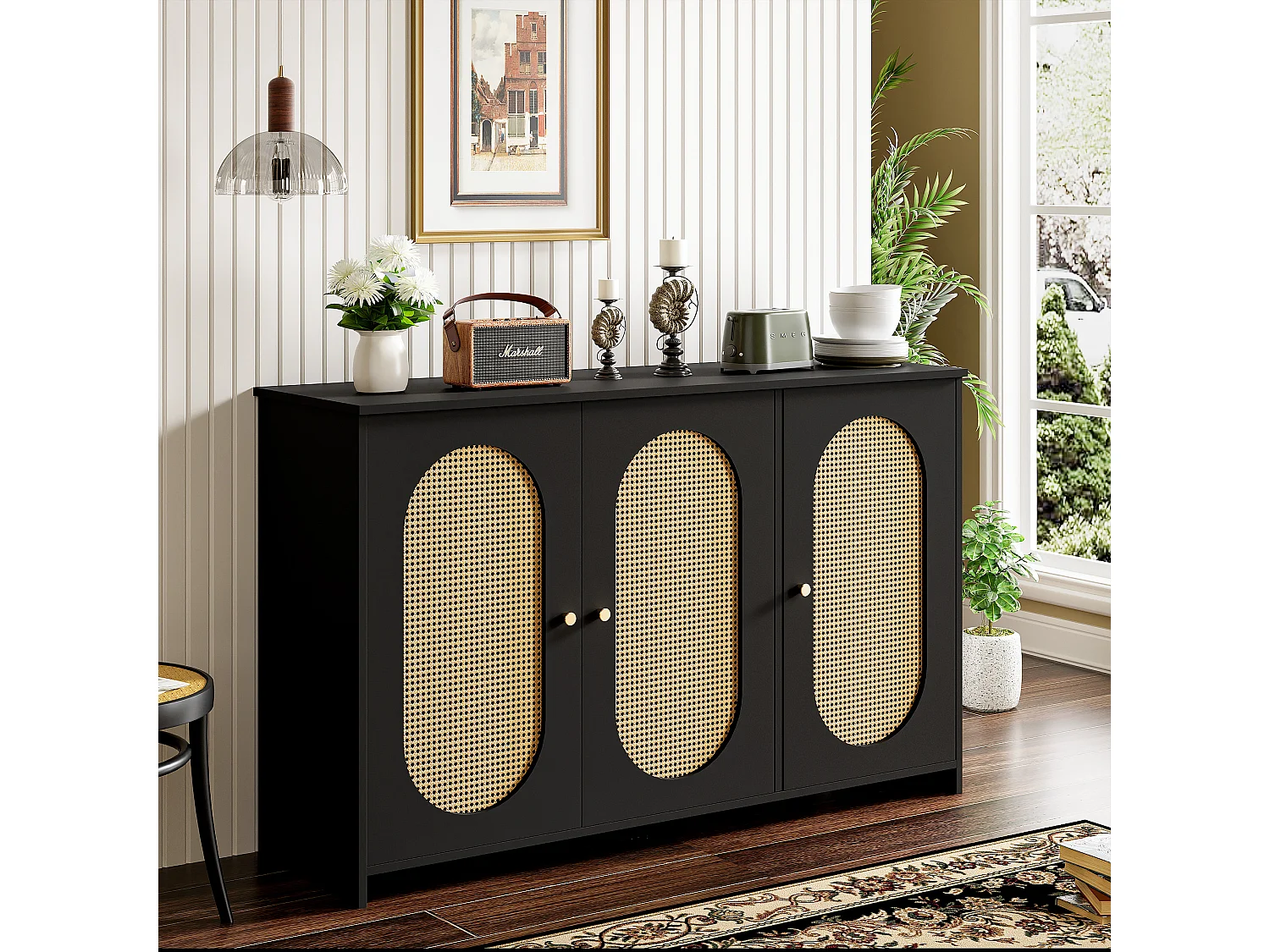 Buffet moderne avec 3 portes en imitation rotin - 125 x 38 x 78 cm - Bois MDF - Noir