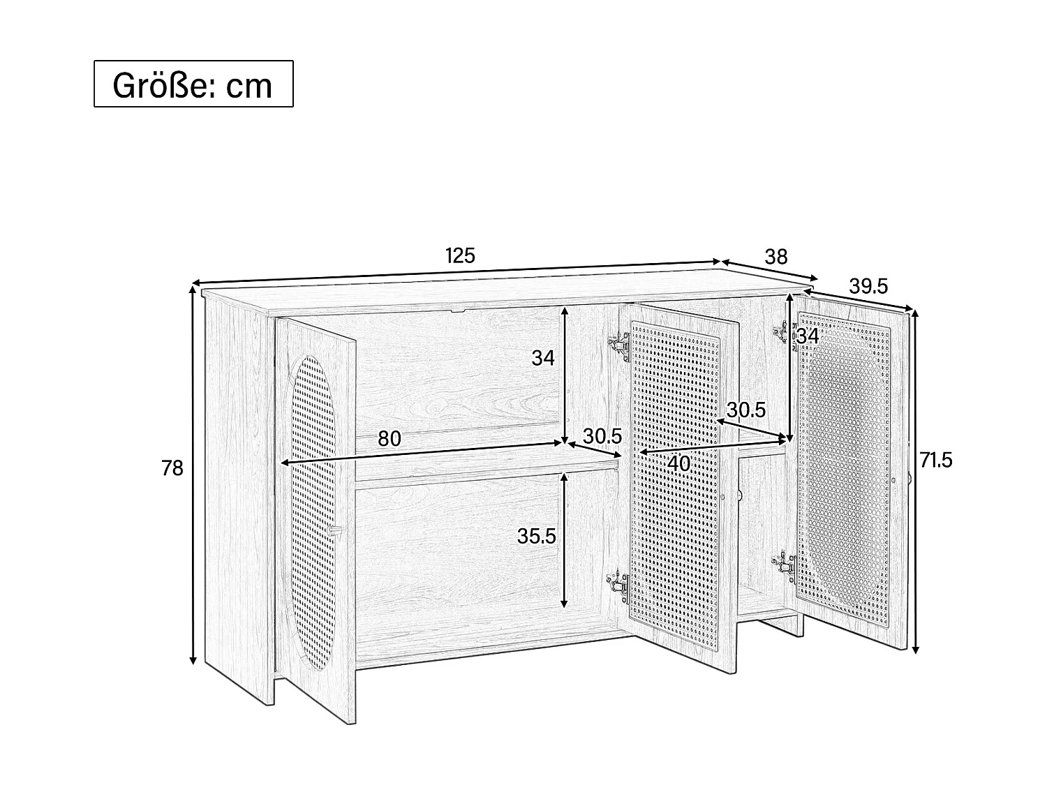 Buffet moderne avec 3 portes en imitation rotin - 125 x 38 x 78 cm - Bois MDF - Noir