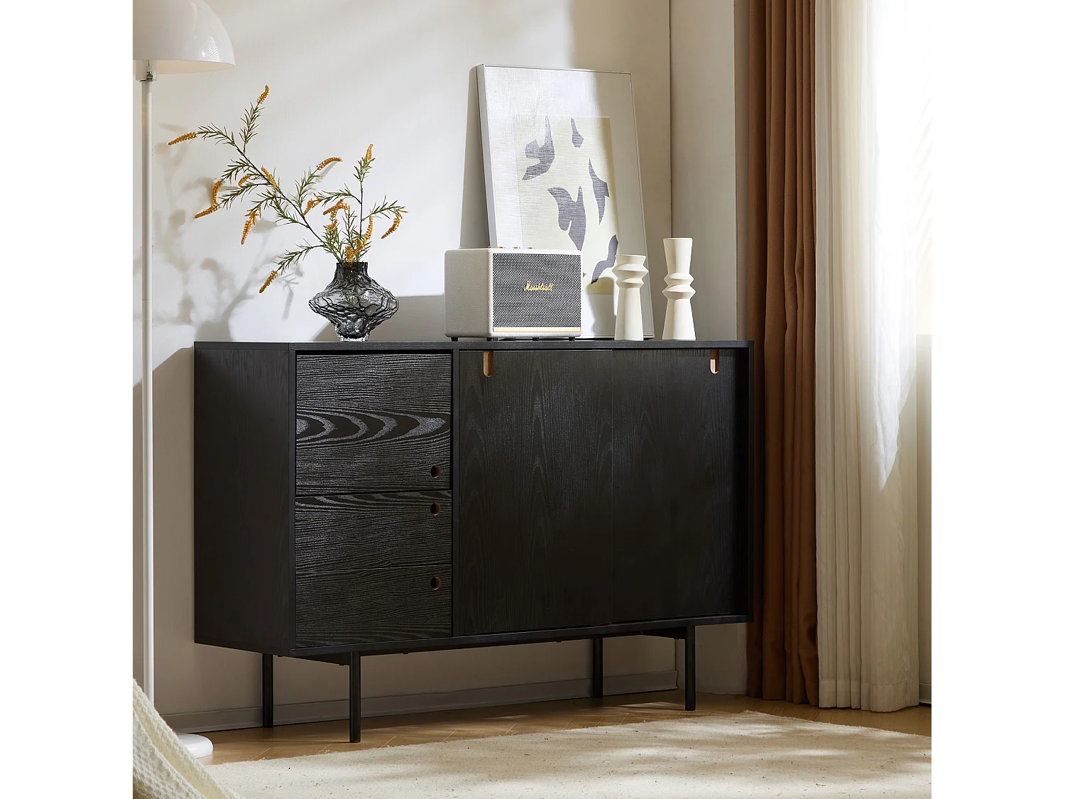 Aparador moderno con 2 cajones y 3 puertas - 120 x 35 x 78 cm - Tablero de partículas y metal - Negro