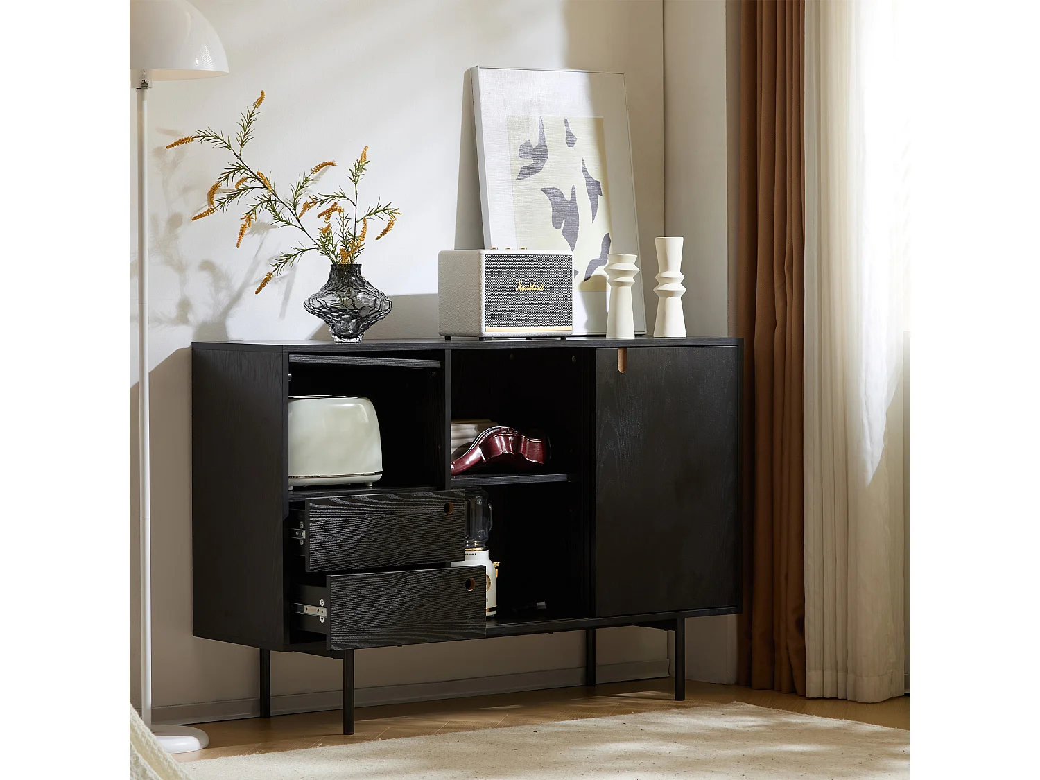 Aparador moderno con 2 cajones y 3 puertas - 120 x 35 x 78 cm - Tablero de partículas y metal - Negro