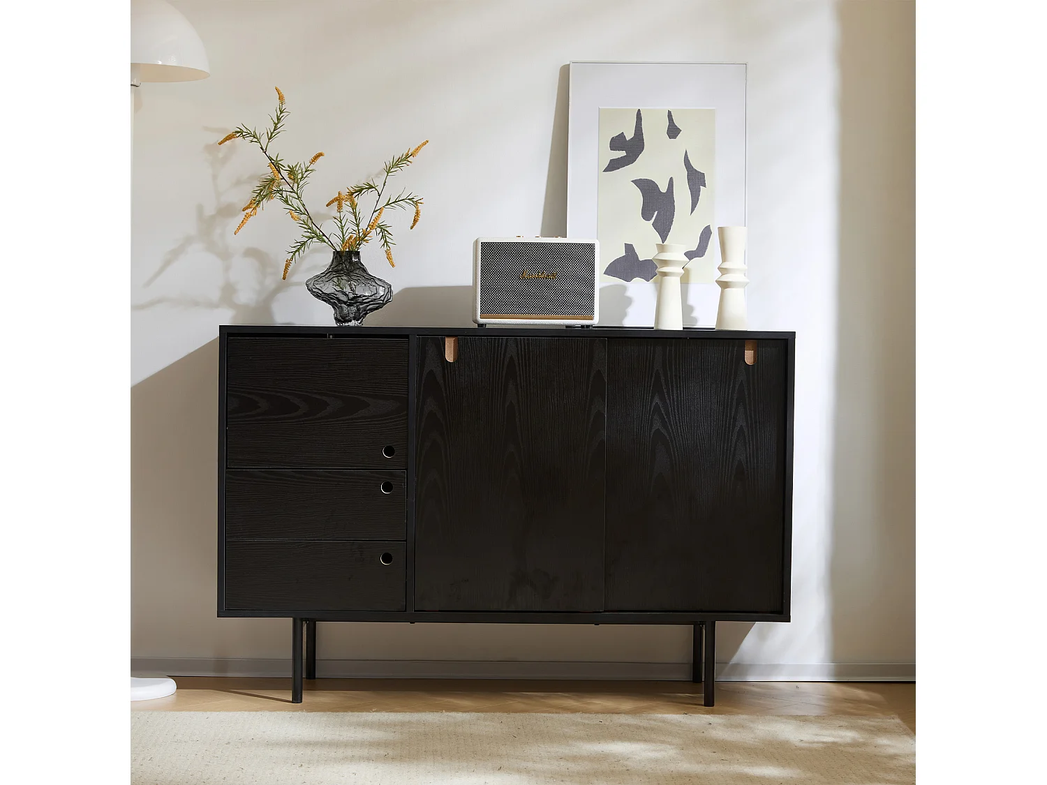 Aparador moderno con 2 cajones y 3 puertas - 120 x 35 x 78 cm - Tablero de partículas y metal - Negro