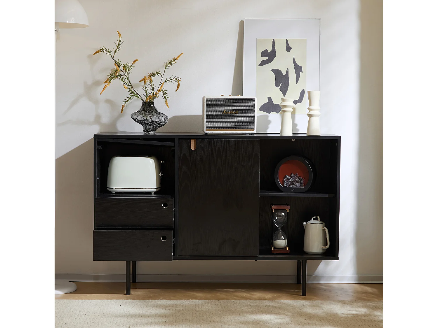 Aparador moderno con 2 cajones y 3 puertas - 120 x 35 x 78 cm - Tablero de partículas y metal - Negro