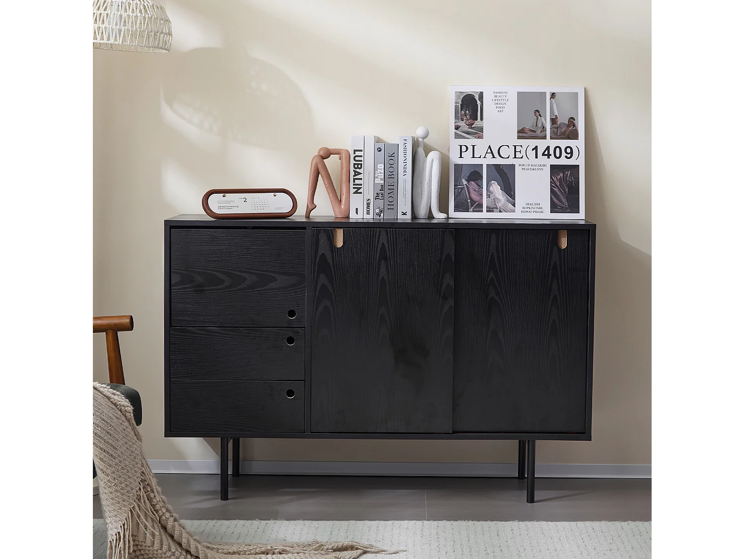 Aparador moderno con 2 cajones y 3 puertas - 120 x 35 x 78 cm - Tablero de partículas y metal - Negro