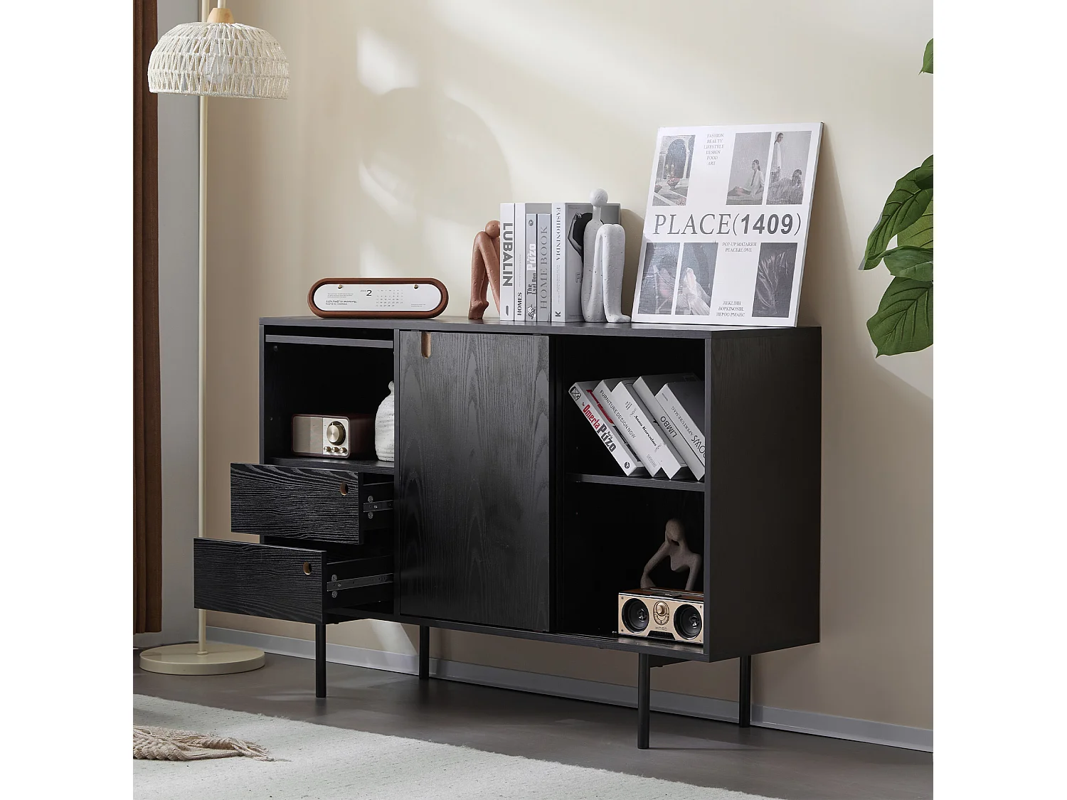 Aparador moderno con 2 cajones y 3 puertas - 120 x 35 x 78 cm - Tablero de partículas y metal - Negro