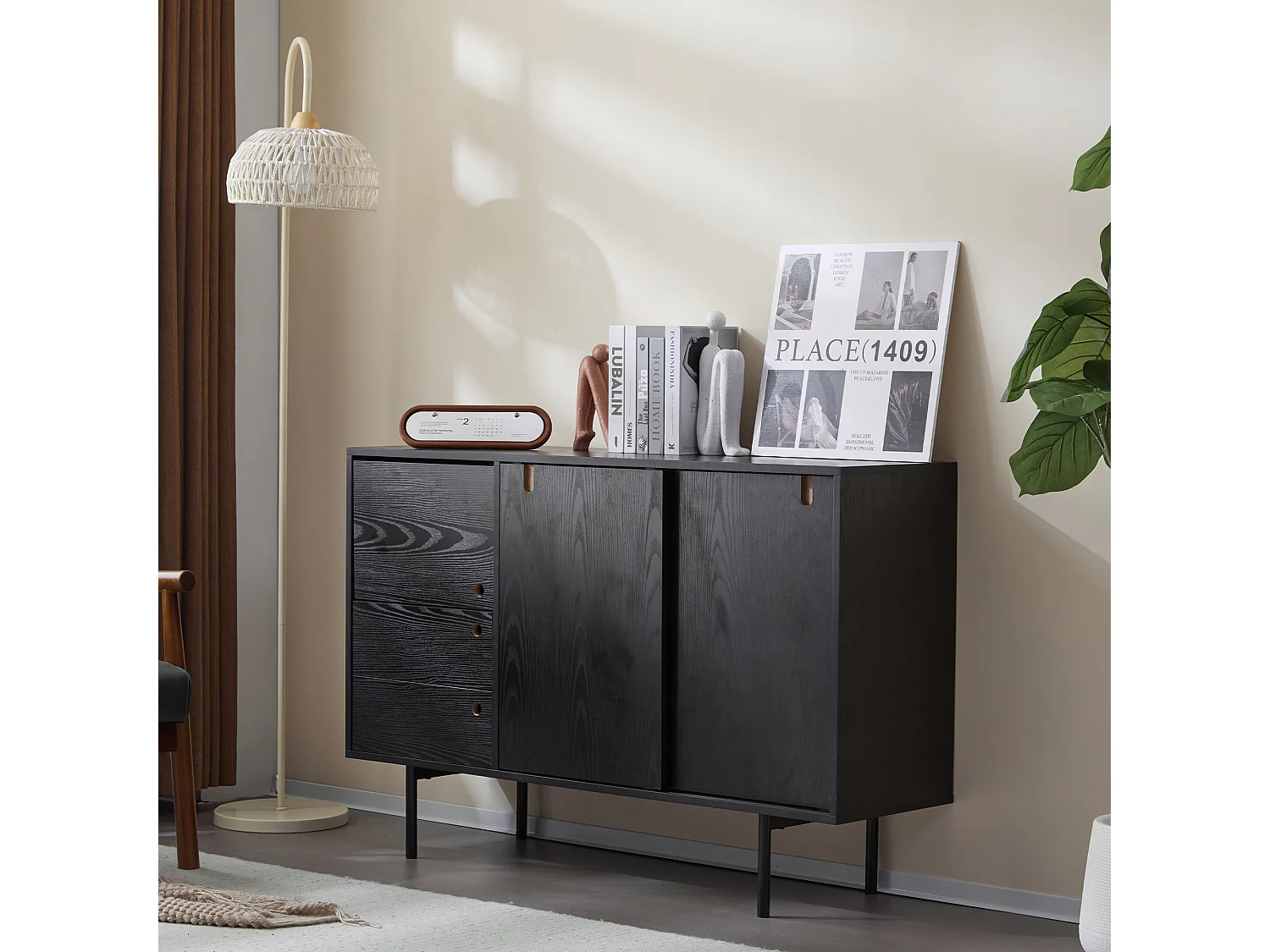 Aparador moderno con 2 cajones y 3 puertas - 120 x 35 x 78 cm - Tablero de partículas y metal - Negro