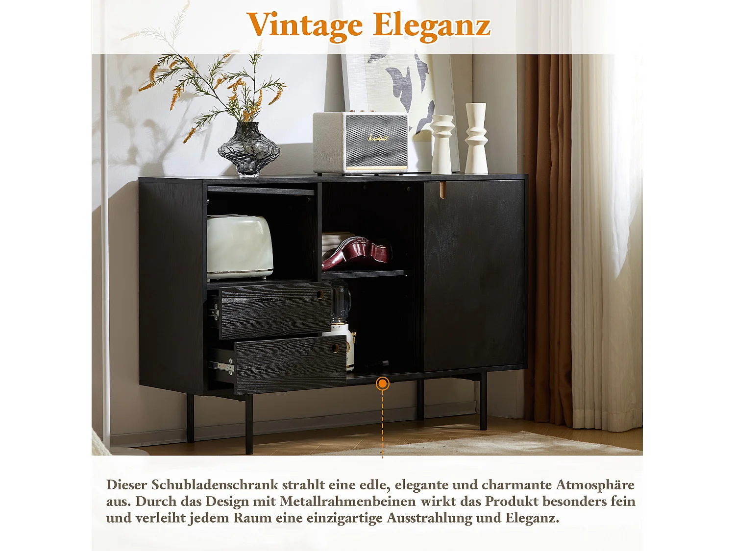 Aparador moderno con 2 cajones y 3 puertas - 120 x 35 x 78 cm - Tablero de partículas y metal - Negro