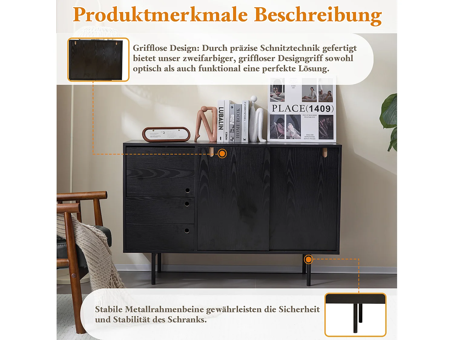 Aparador moderno con 2 cajones y 3 puertas - 120 x 35 x 78 cm - Tablero de partículas y metal - Negro