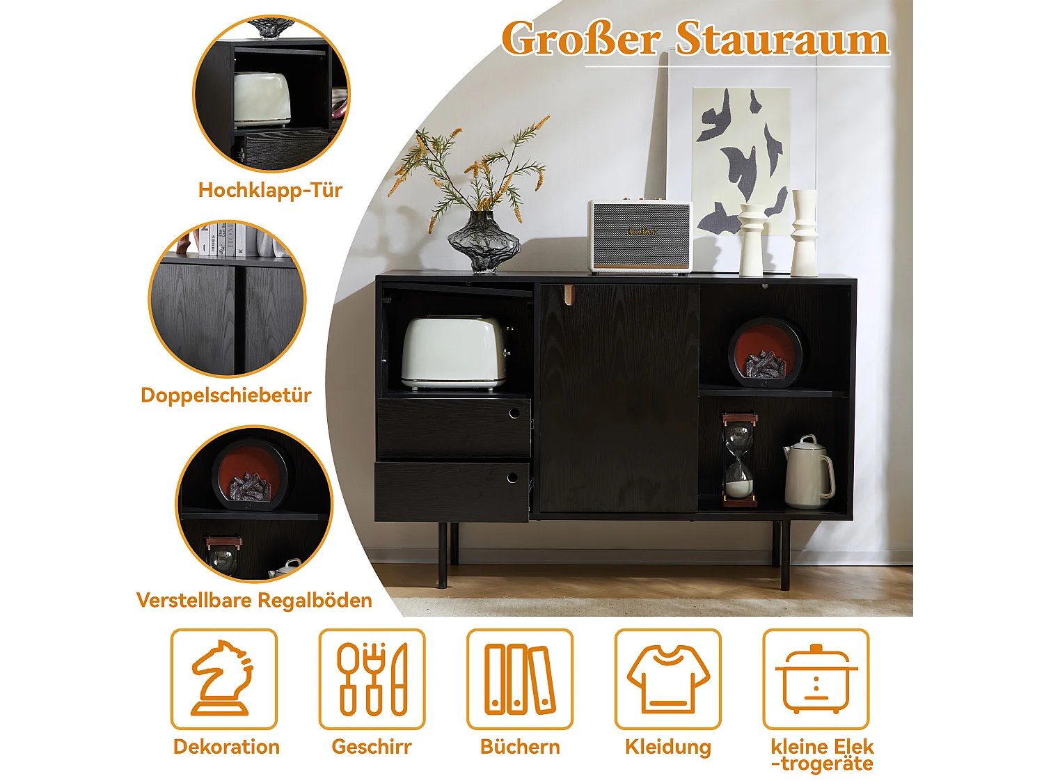 Aparador moderno con 2 cajones y 3 puertas - 120 x 35 x 78 cm - Tablero de partículas y metal - Negro