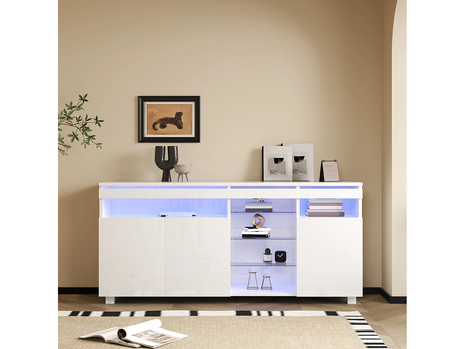 Buffet avec 3 portes et étagères en verre - 155 x 35 x 72 cm - LEDs - Panneau de particules - Blanc brillant