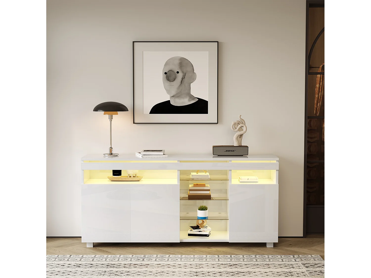 Buffet avec 3 portes et étagères en verre - 155 x 35 x 72 cm - LEDs - Panneau de particules - Blanc brillant