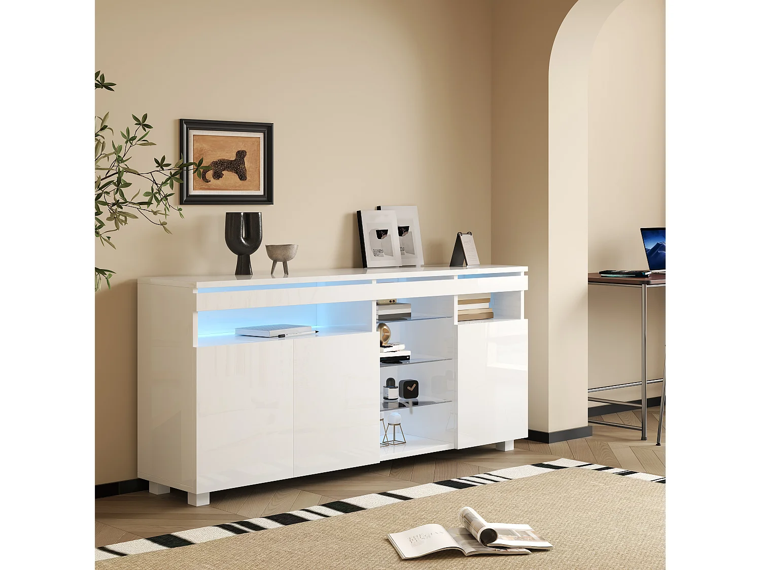 Buffet avec 3 portes et étagères en verre - 155 x 35 x 72 cm - LEDs - Panneau de particules - Blanc brillant