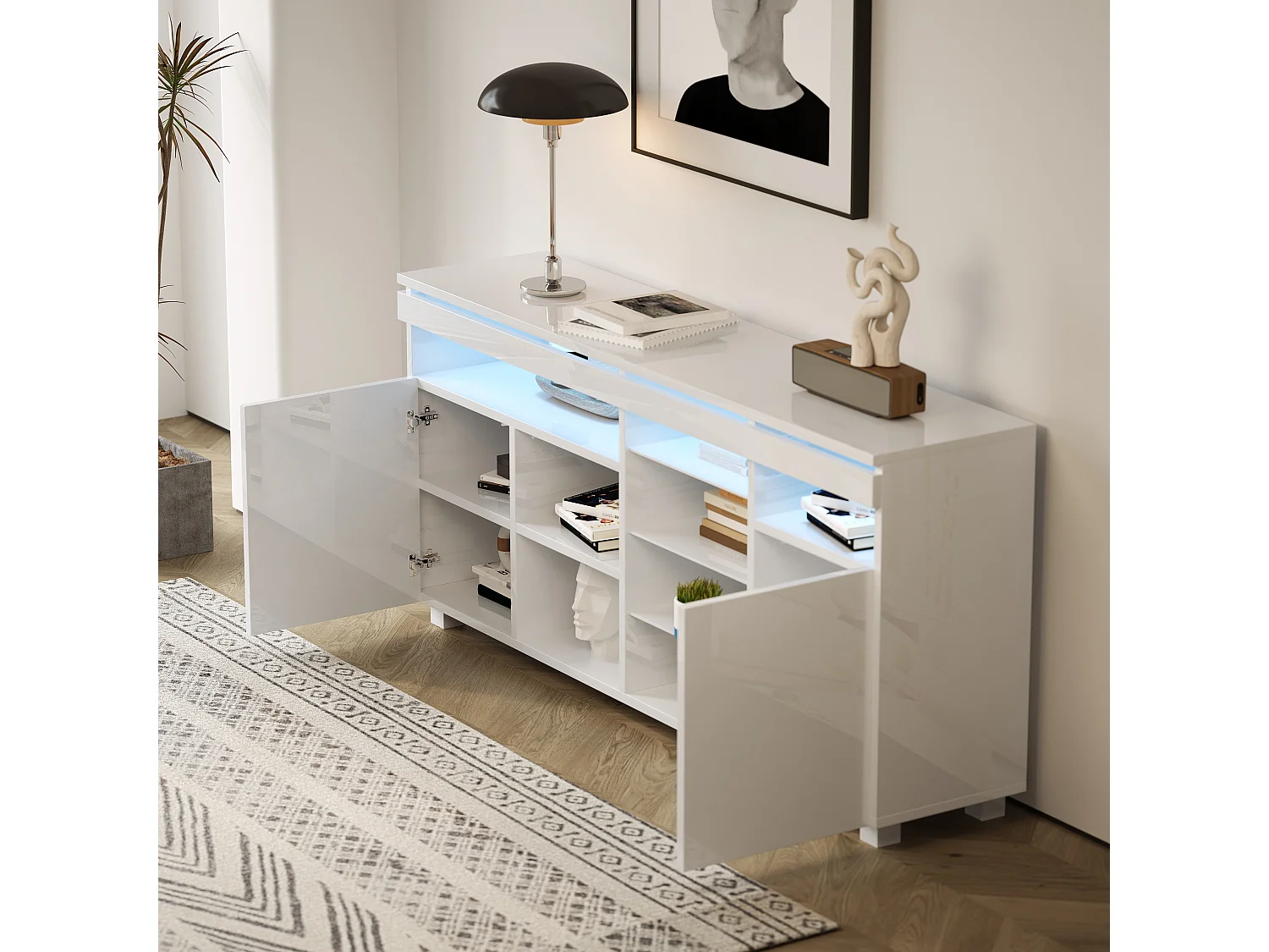 Buffet avec 3 portes et étagères en verre - 155 x 35 x 72 cm - LEDs - Panneau de particules - Blanc brillant