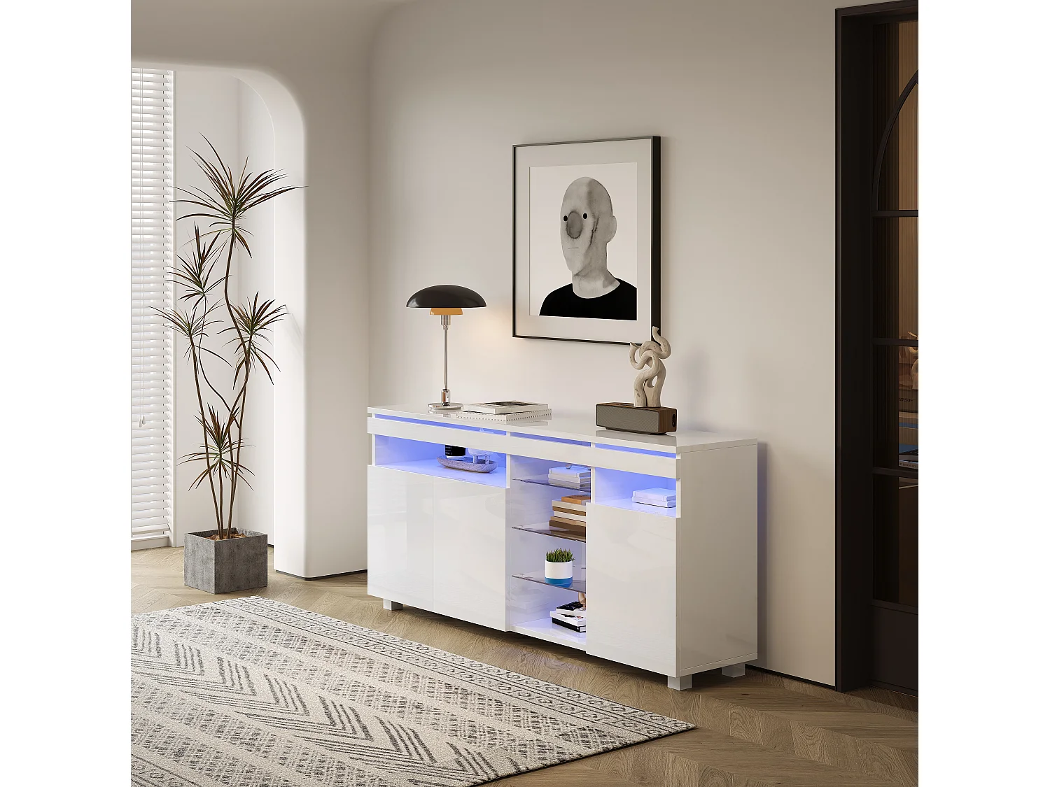 Buffet avec 3 portes et étagères en verre - 155 x 35 x 72 cm - LEDs - Panneau de particules - Blanc brillant