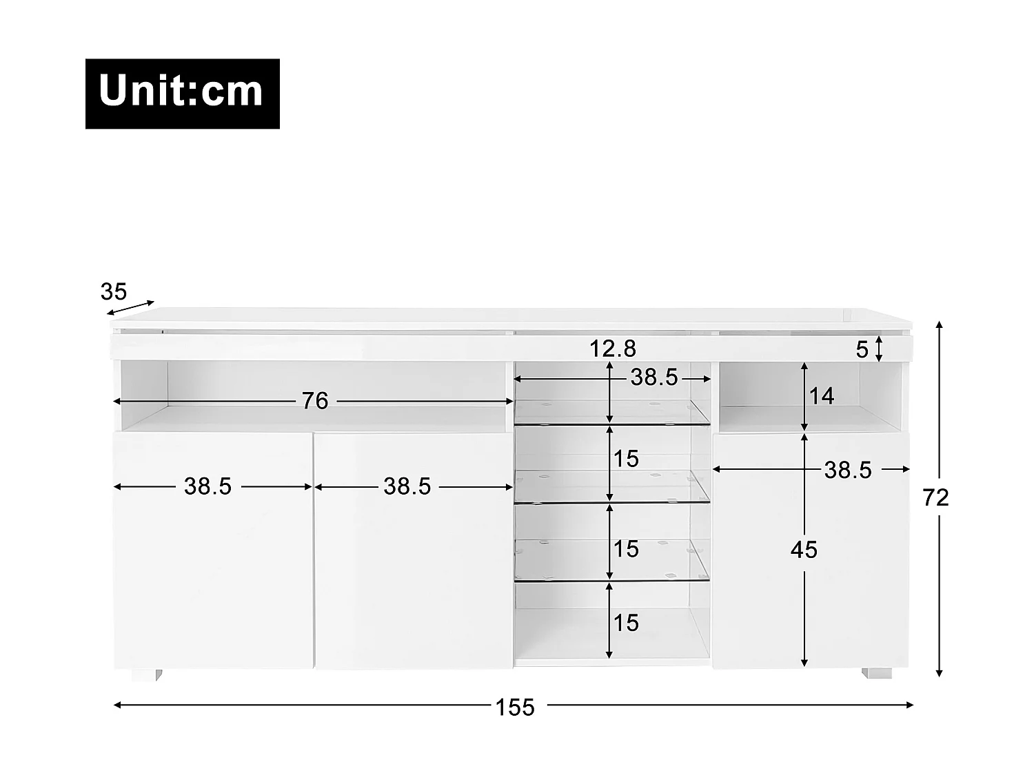Buffet avec 3 portes et étagères en verre - 155 x 35 x 72 cm - LEDs - Panneau de particules - Blanc brillant