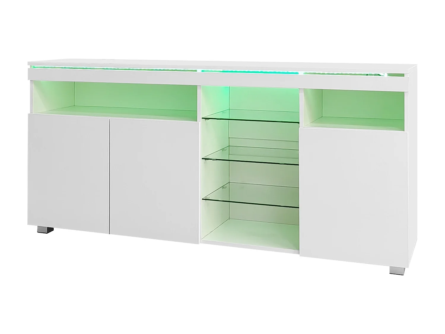 Buffet avec 3 portes et étagères en verre - 155 x 35 x 72 cm - LEDs - Panneau de particules - Blanc brillant