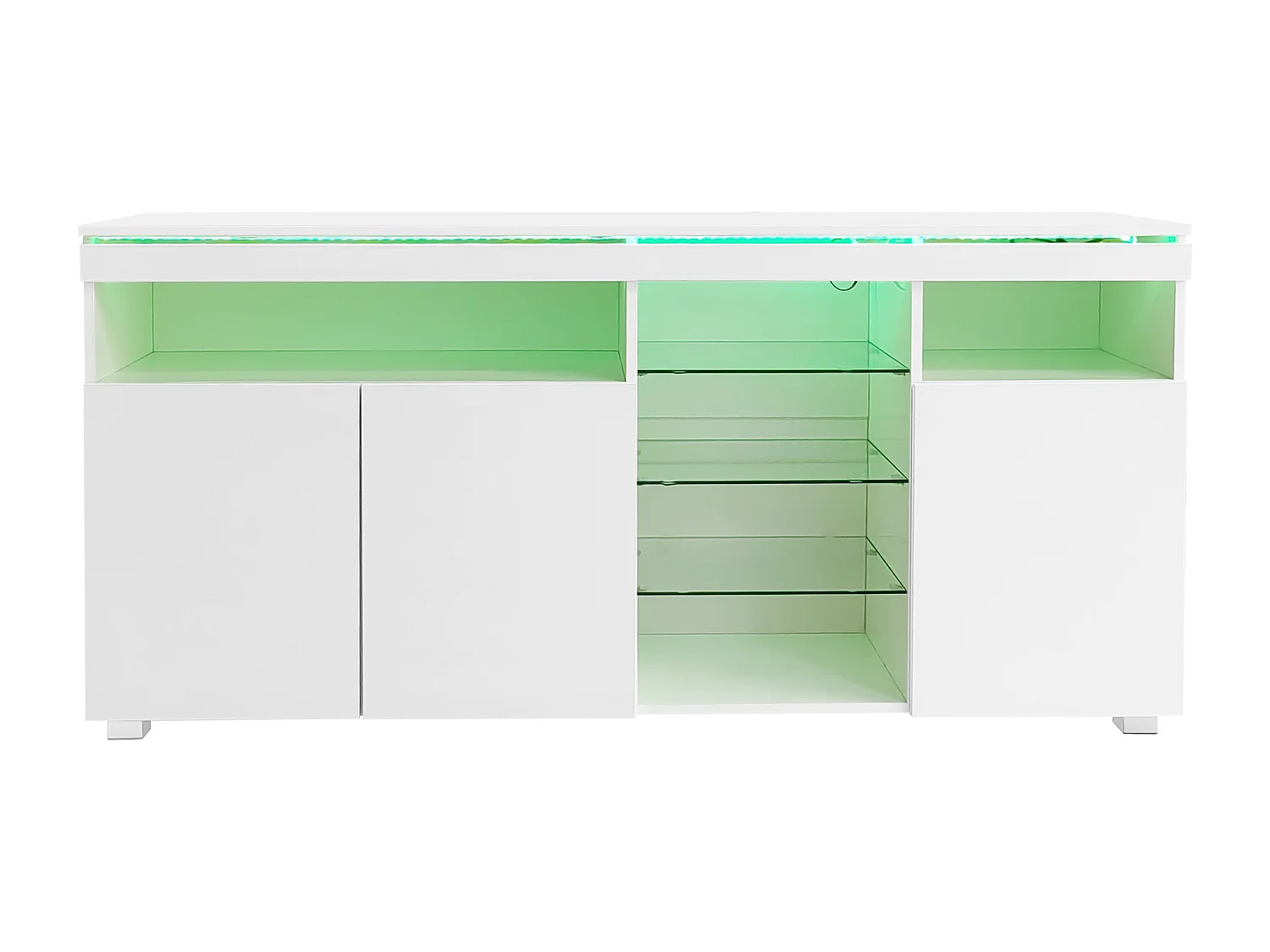 Buffet avec 3 portes et étagères en verre - 155 x 35 x 72 cm - LEDs - Panneau de particules - Blanc brillant