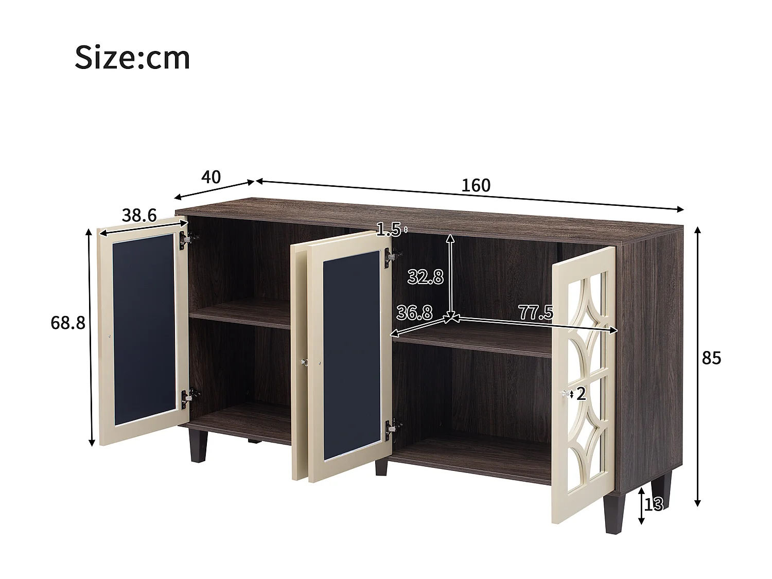 Komoda z 4 drzwiami z powierzchnią lustrzaną - 160 x 40 x 85 cm - Uchwyty z płyty MDF i kryształu - Kolor drewna i brązu