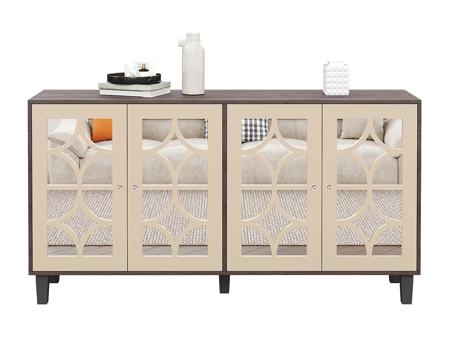 Komoda z 4 drzwiami z powierzchnią lustrzaną - 160 x 40 x 85 cm - Uchwyty z płyty MDF i kryształu - Kolor drewna i brązu