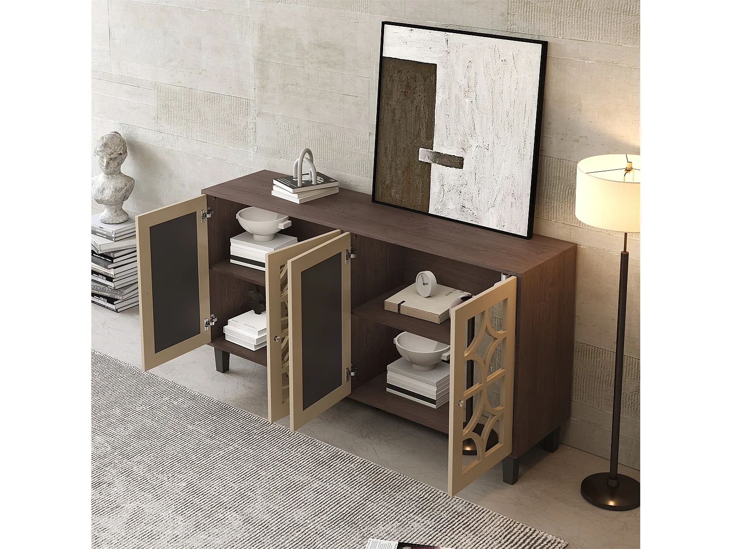 Komoda z 4 drzwiami z powierzchnią lustrzaną - 160 x 40 x 85 cm - Uchwyty z płyty MDF i kryształu - Kolor drewna i brązu