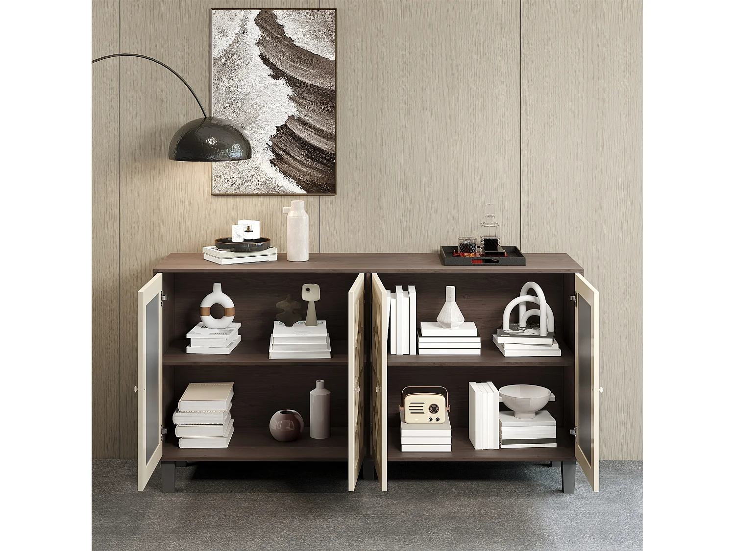 Komoda z 4 drzwiami z powierzchnią lustrzaną - 160 x 40 x 85 cm - Uchwyty z płyty MDF i kryształu - Kolor drewna i brązu