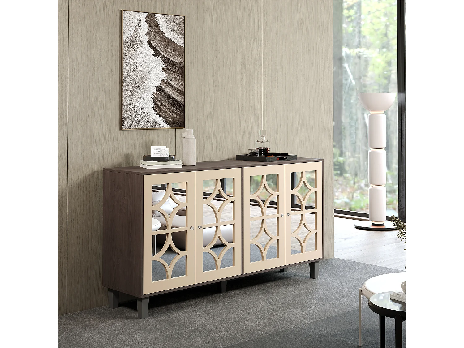 Komoda z 4 drzwiami z powierzchnią lustrzaną - 160 x 40 x 85 cm - Uchwyty z płyty MDF i kryształu - Kolor drewna i brązu