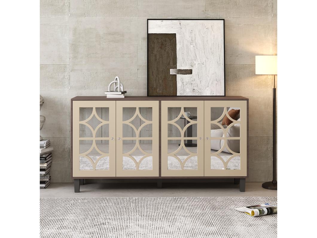 Credenza con 4 ante con superficie a specchio - 160 x 40 x 85 cm - Legno MDF e maniglie in cristallo - Colore legno e marrone