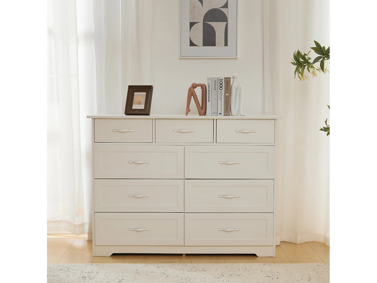 Cômoda com 9 gavetas - 110 x 40 x 72 - Padrão ondulado pintado - MDF, Aglomerado - Branco