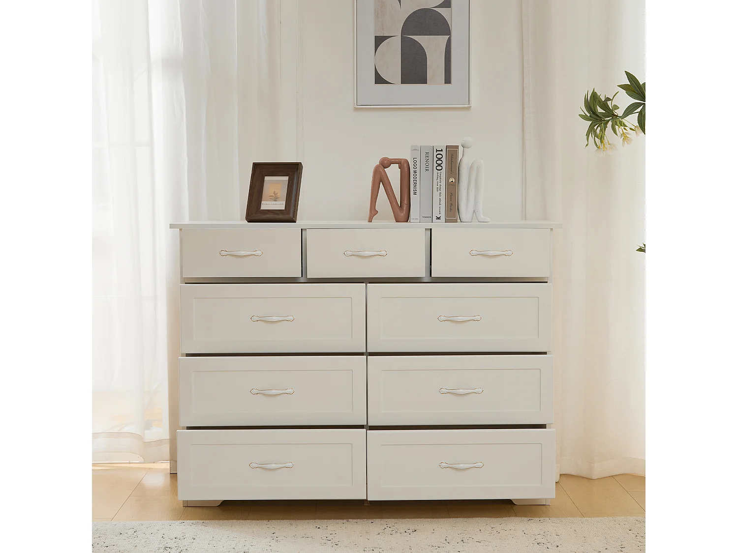 Cômoda com 9 gavetas - 110 x 40 x 72 - Padrão ondulado pintado - MDF, Aglomerado - Branco