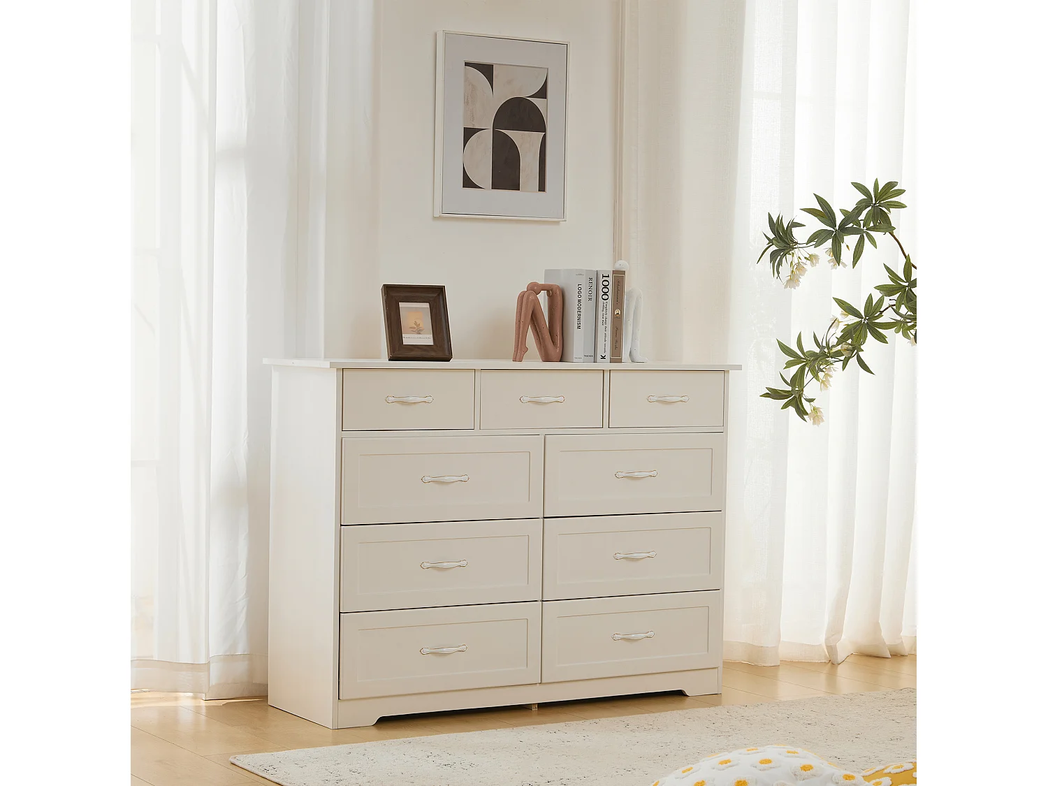 Cômoda com 9 gavetas - 110 x 40 x 72 - Padrão ondulado pintado - MDF, Aglomerado - Branco