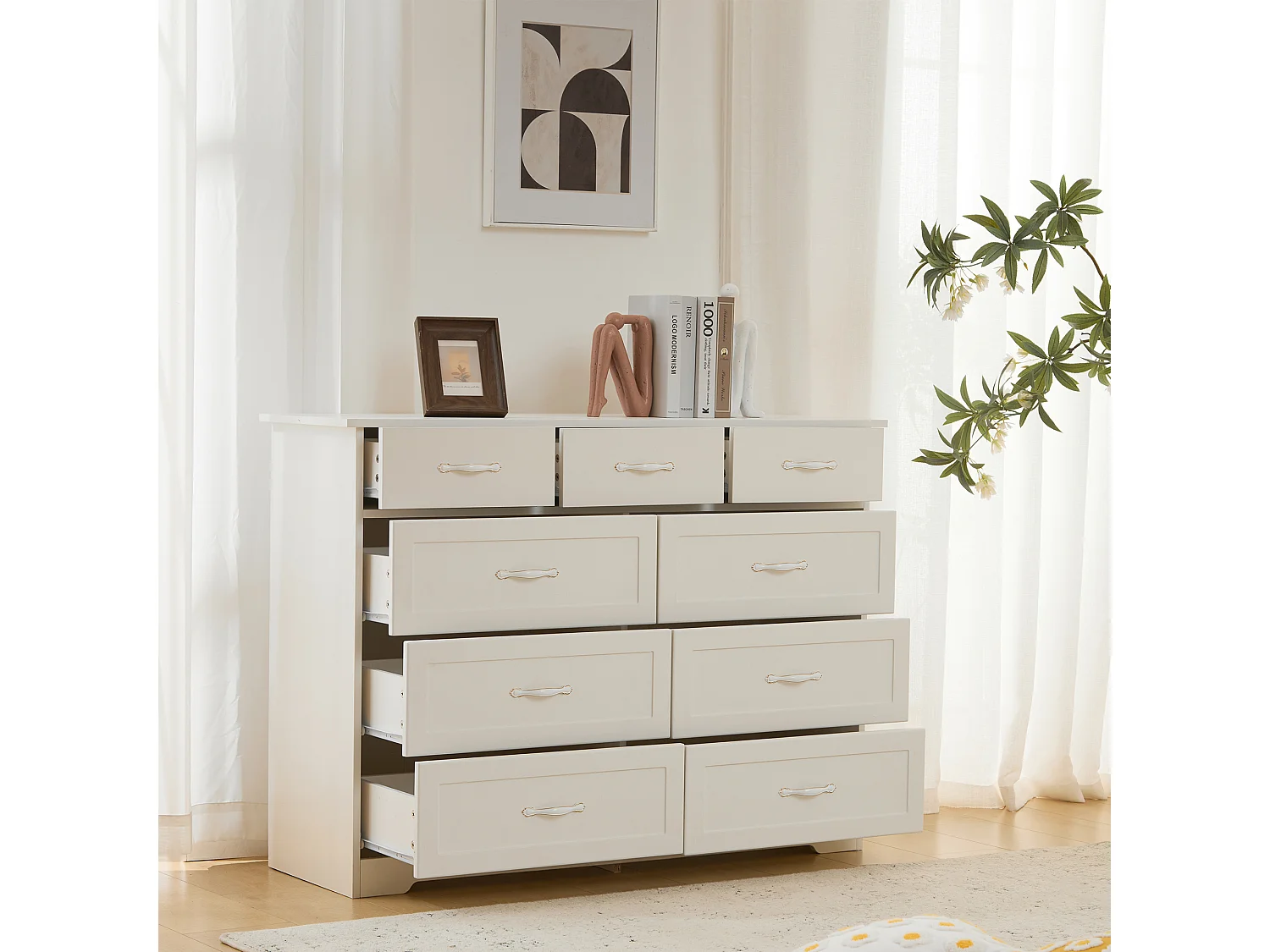 Cômoda com 9 gavetas - 110 x 40 x 72 - Padrão ondulado pintado - MDF, Aglomerado - Branco