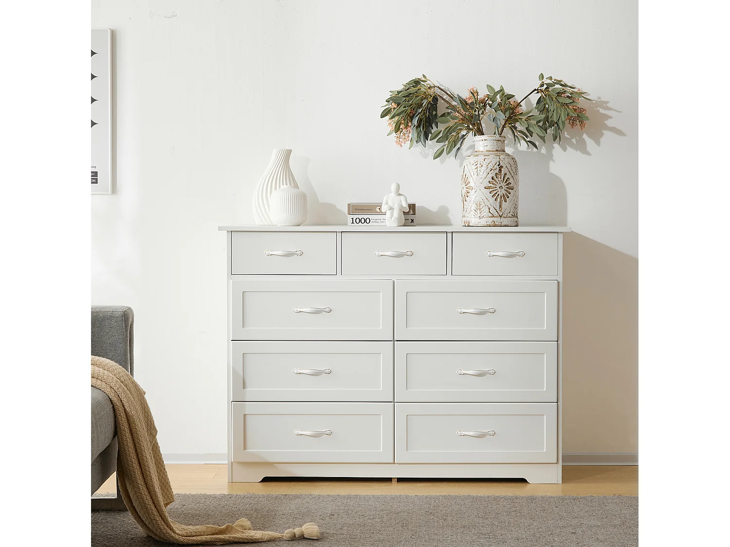 Cômoda com 9 gavetas - 110 x 40 x 72 - Padrão ondulado pintado - MDF, Aglomerado - Branco