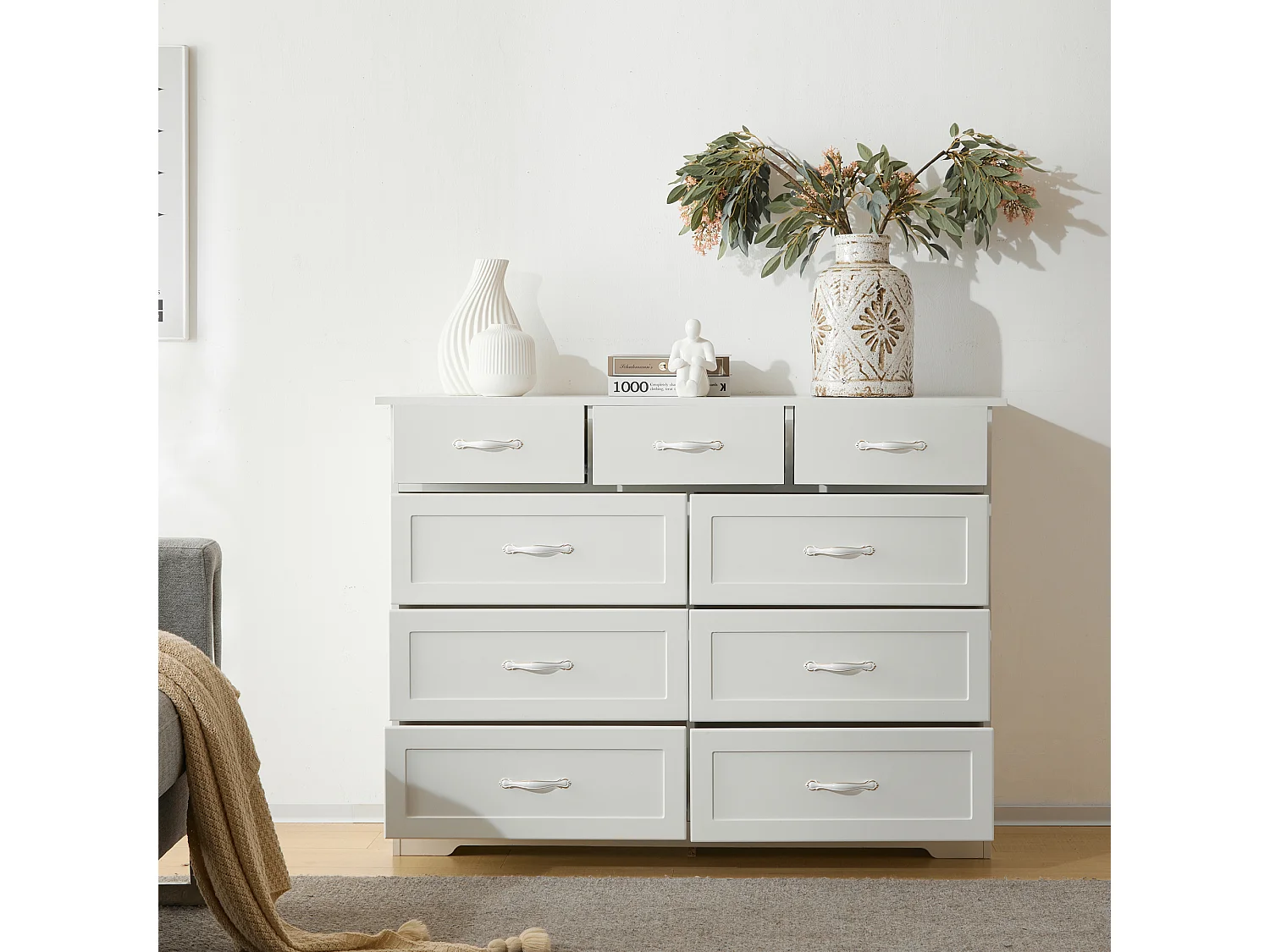 Cômoda com 9 gavetas - 110 x 40 x 72 - Padrão ondulado pintado - MDF, Aglomerado - Branco