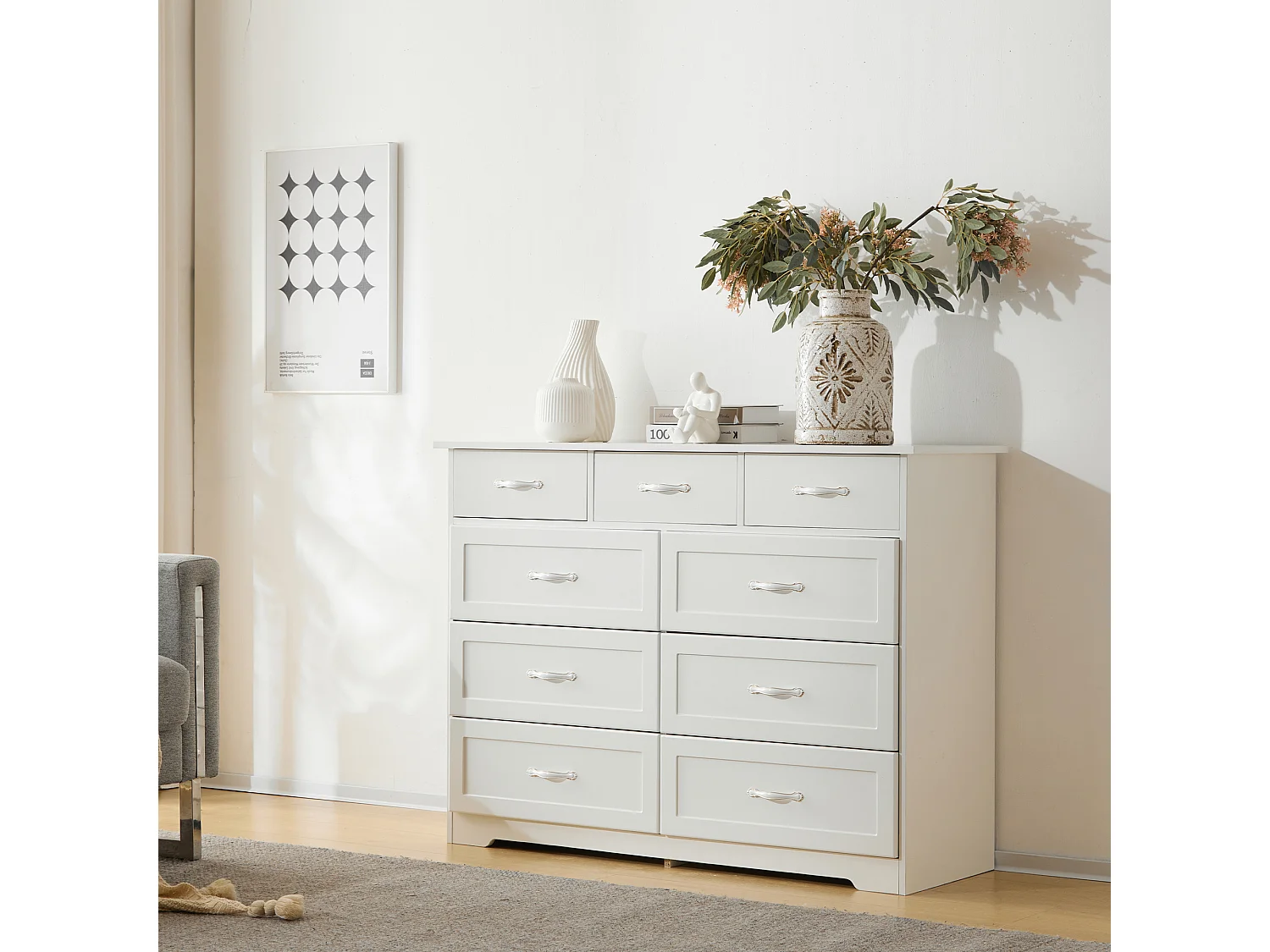 Cômoda com 9 gavetas - 110 x 40 x 72 - Padrão ondulado pintado - MDF, Aglomerado - Branco