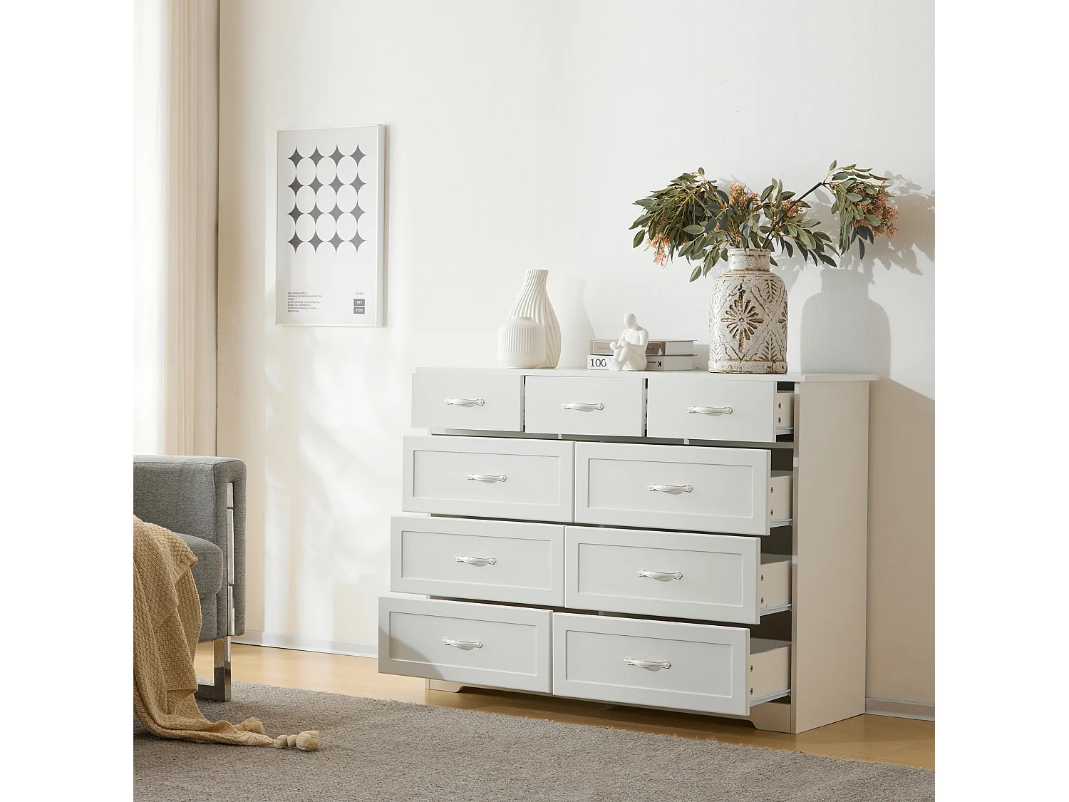 Cômoda com 9 gavetas - 110 x 40 x 72 - Padrão ondulado pintado - MDF, Aglomerado - Branco