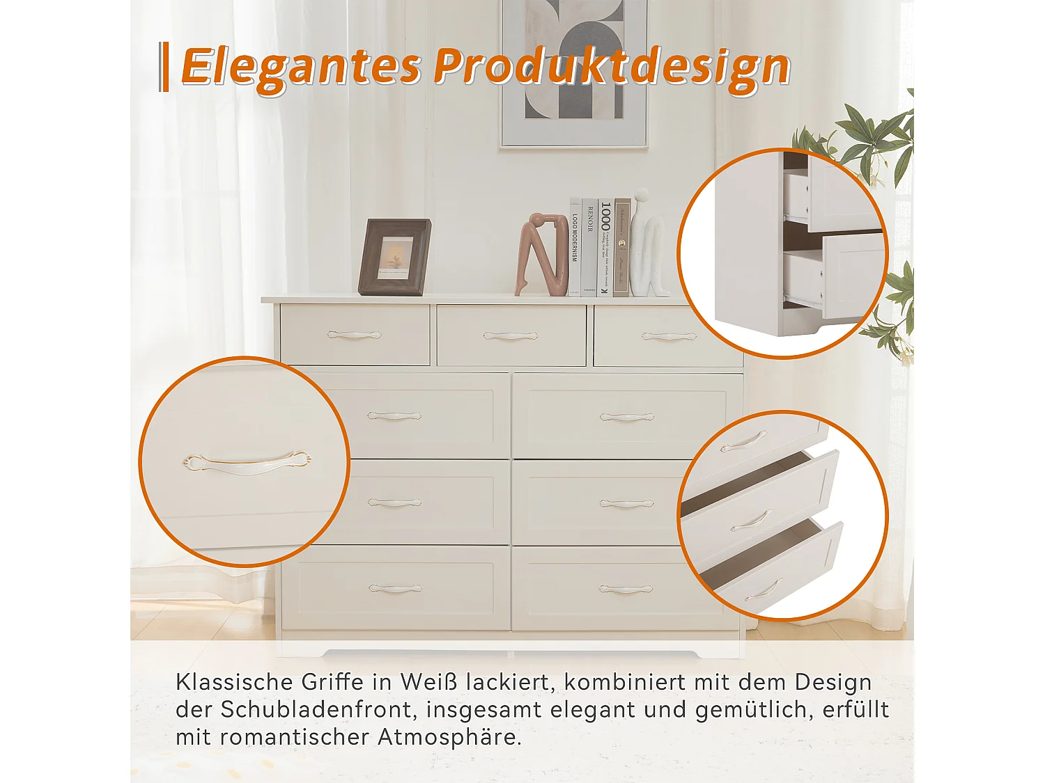 Cômoda com 9 gavetas - 110 x 40 x 72 - Padrão ondulado pintado - MDF, Aglomerado - Branco