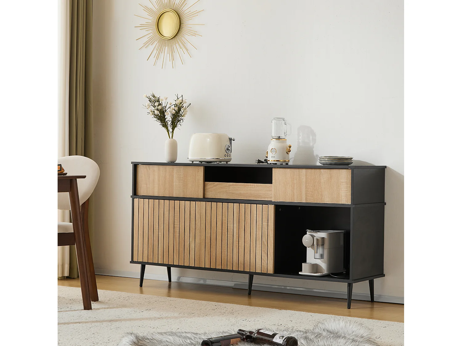 Commode avec 4 portes coulissantes et 1 tiroir - 160 L x 40 P x 80 H - Panneau de particules - Noir + Naturel